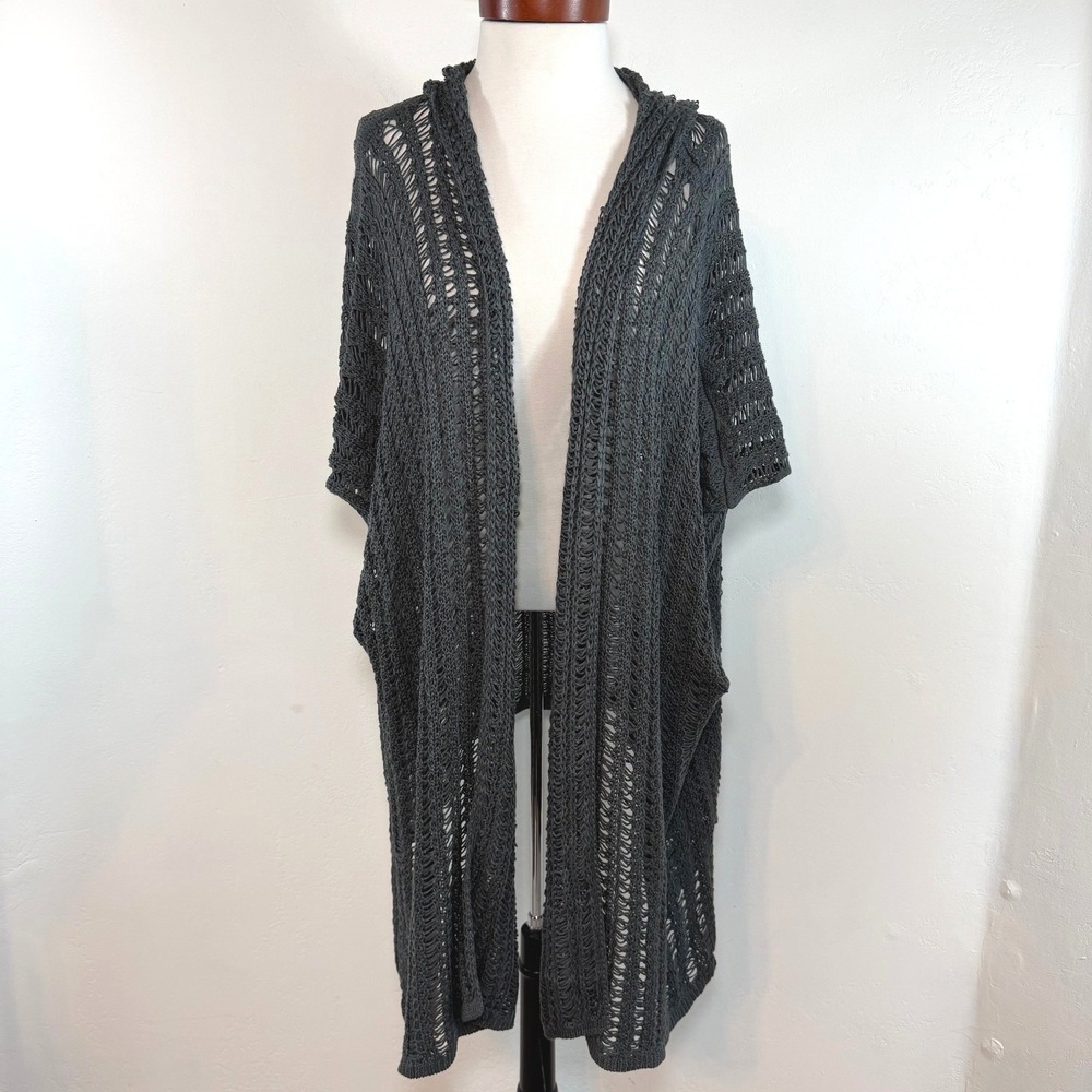 Aerie Hooded Sweater Cape Cardigan Grey Open Knit Crochet‎ Boho Oversized O/S